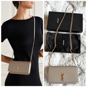 Saint Laurent YSL Cassandre Dark Beige Mini Crossbody Phone Holder W Box